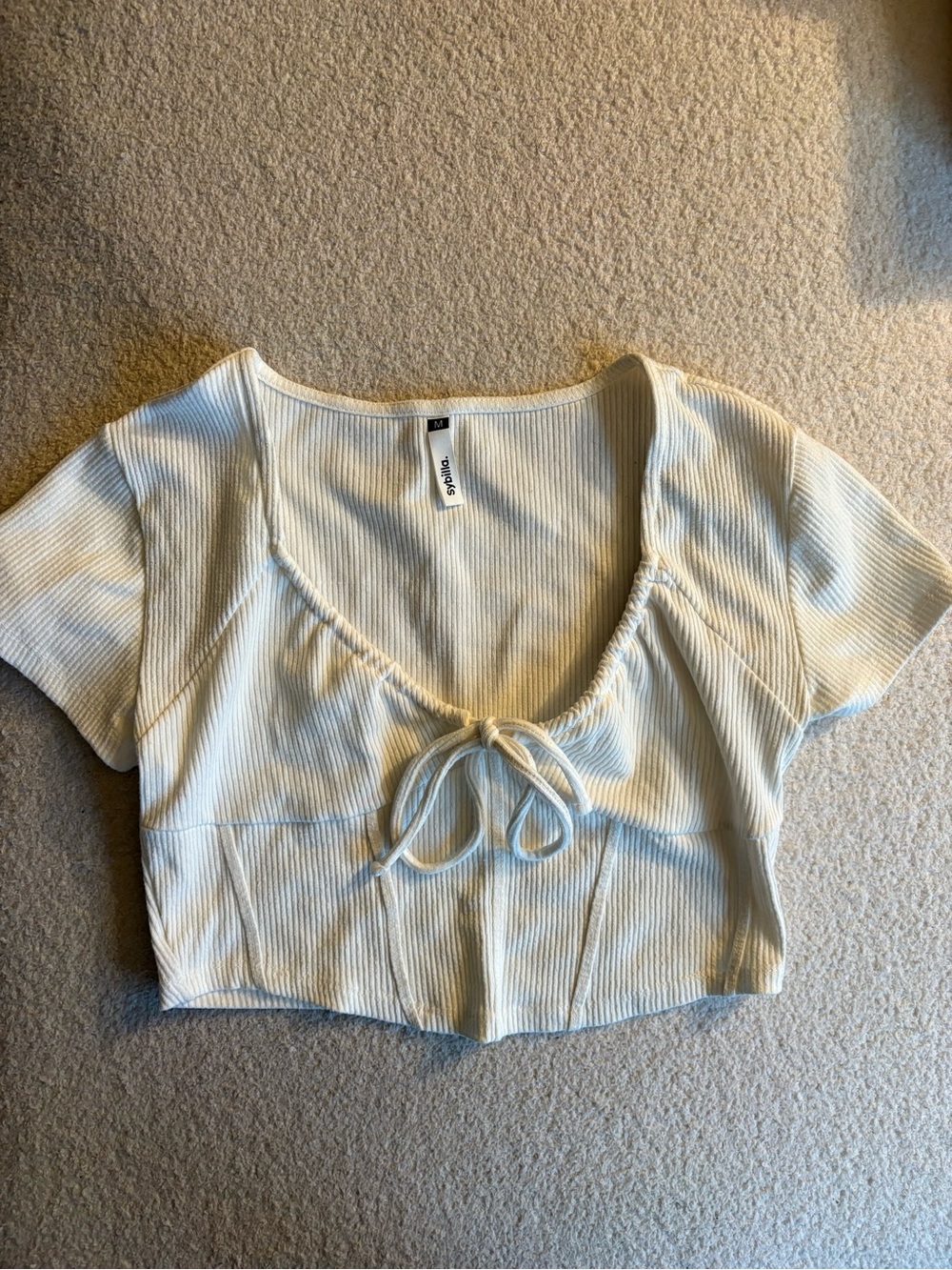 Cream Ribbed Tie Front Top 🤍